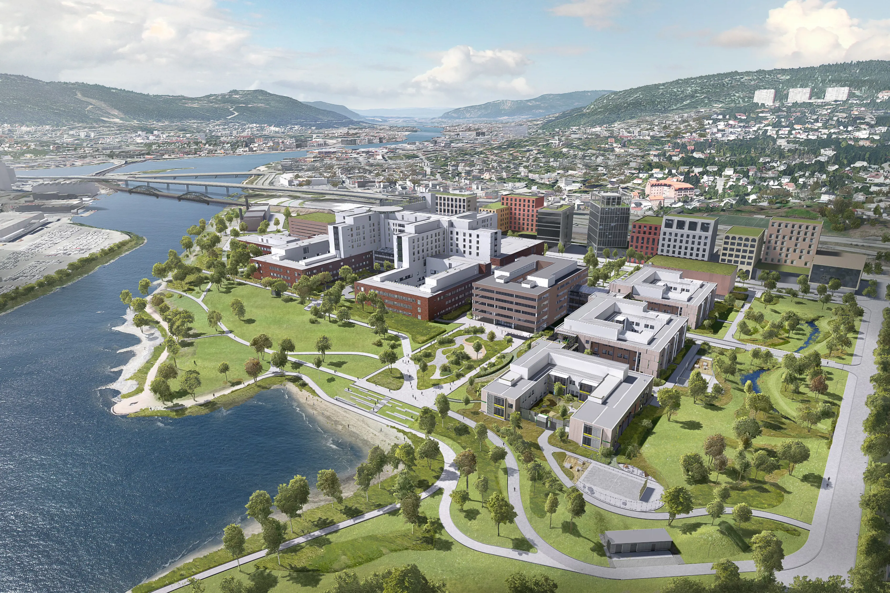 Illustrasjon av nytt sykehus i Drammen, viser grøntarealer runndt bygget