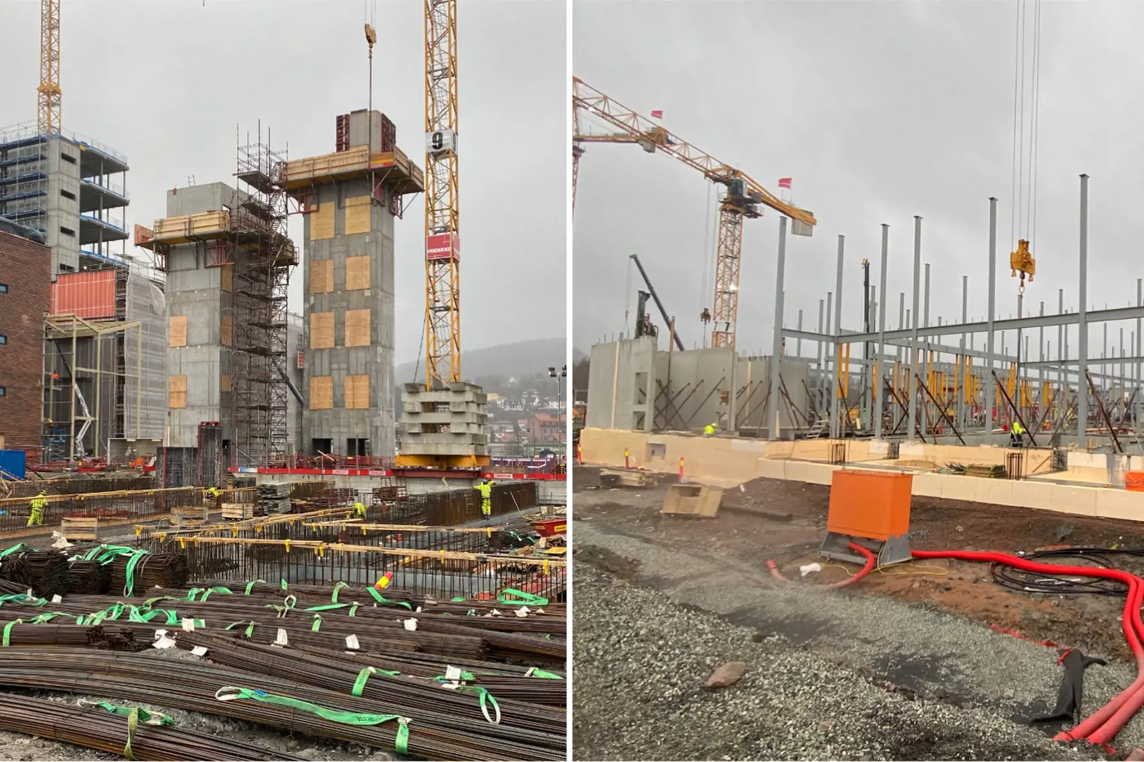 To bilder fra byggeplass viser at bygg reiser seg