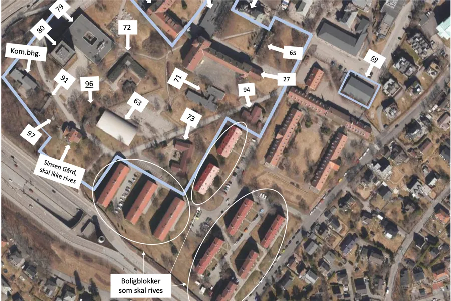 Kart i fotostil over Aker området med markerte bygg som skal rives