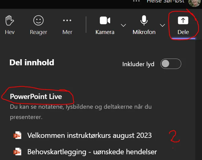 Skjermbilde - dele Power point live