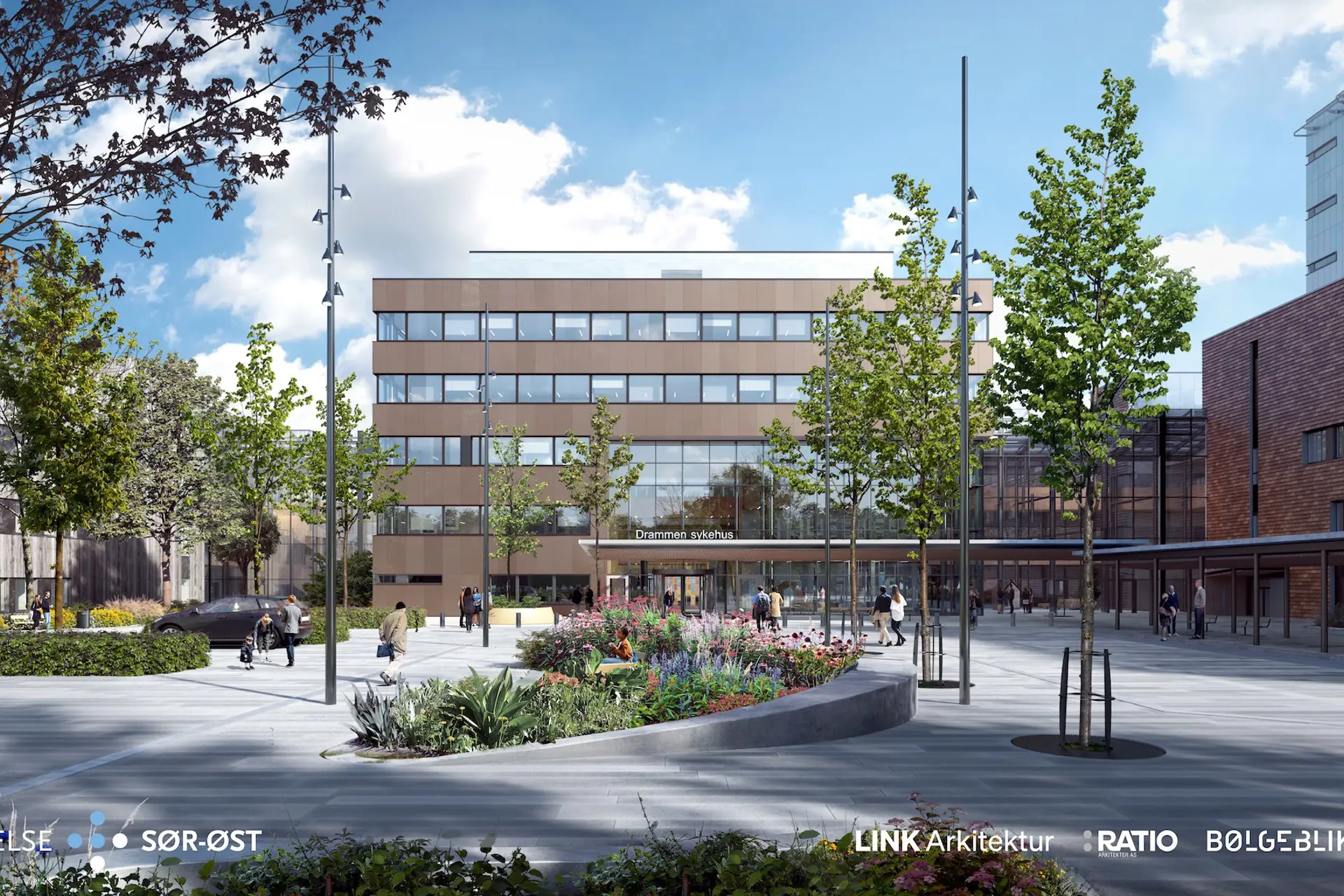 Perspektiv mot adkomstplassen og hovedinngang