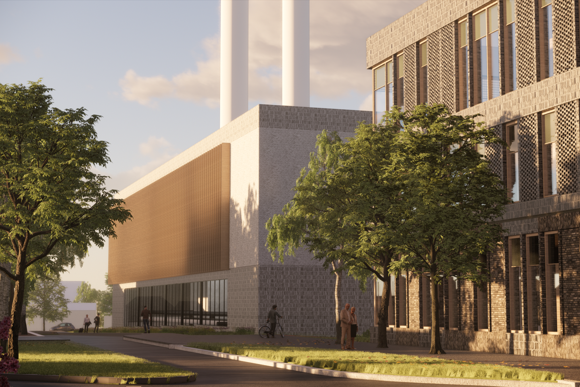 Illustrasjon fasade med store glassflater og beplantning