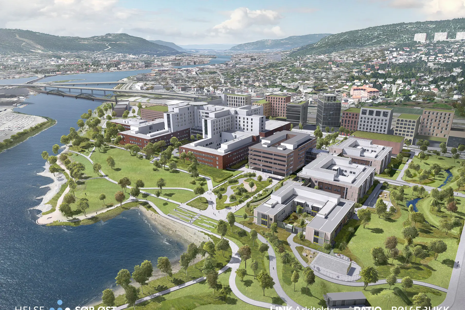 Oversiktsillustrasjon fra syd med Drammen i bakgrunnen